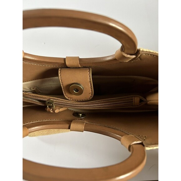 Fossil Vintage Embroidered Straw Beaded Floral Summer Handbag Retro Wood Handles - Picture 7 of 8